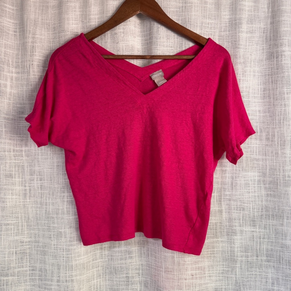 Chicos 100% Linen Hot Pink Dolman Sleeve V Neck Top Size Medium